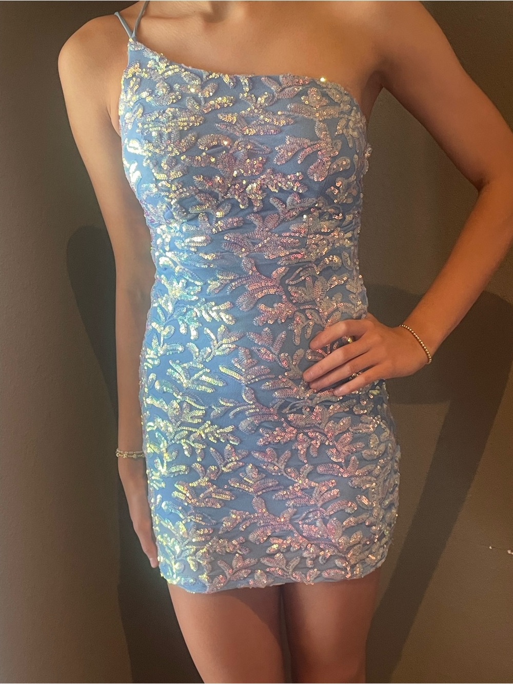 Honey and Rosie Iridescent Blue Sequin One-Shoulder Mini Dress